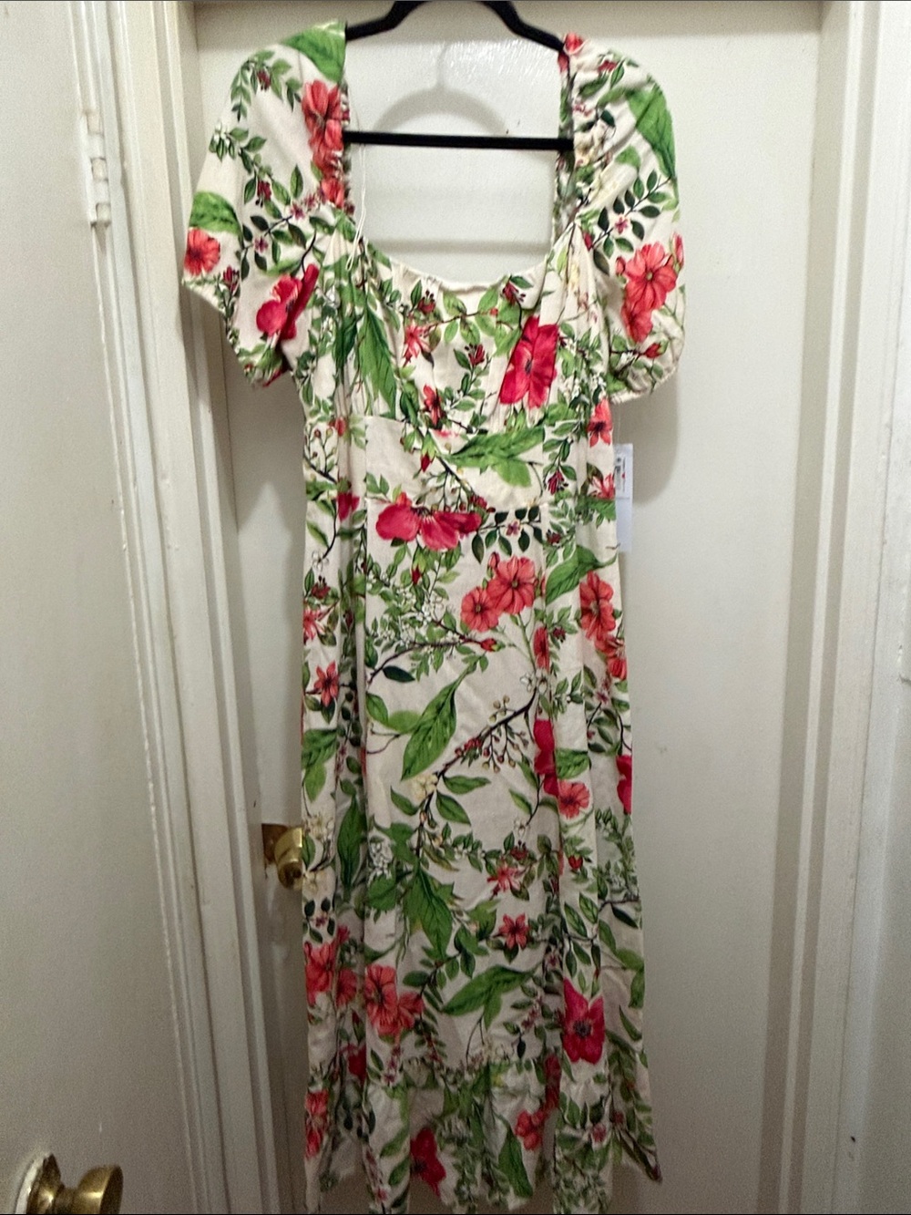 London Times White Maxi Dress with Pink Floral & Green Leaves
